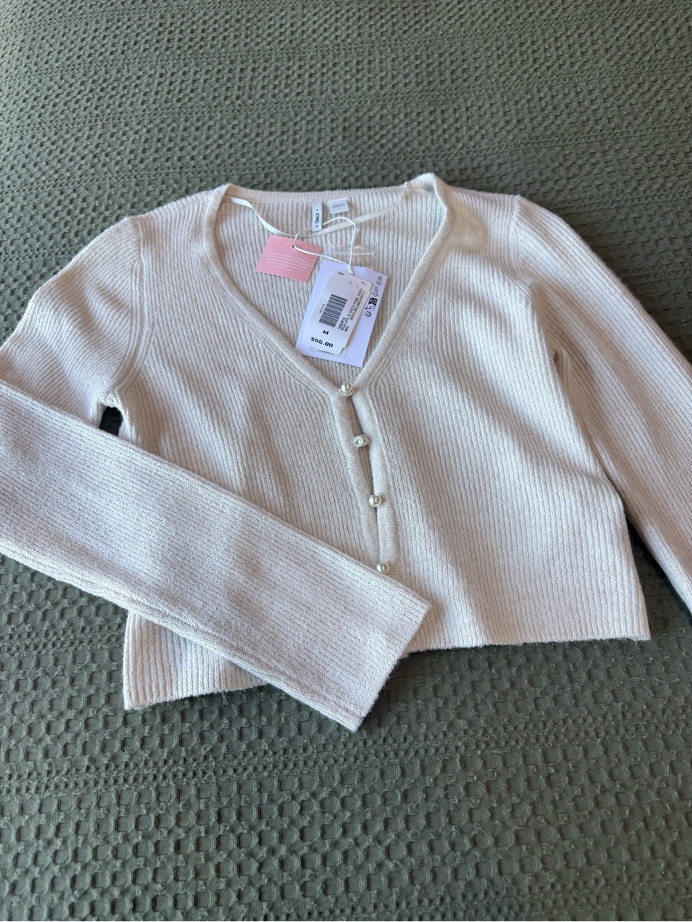 Only Cream V-Neck Pearl Button Cropped Sweater